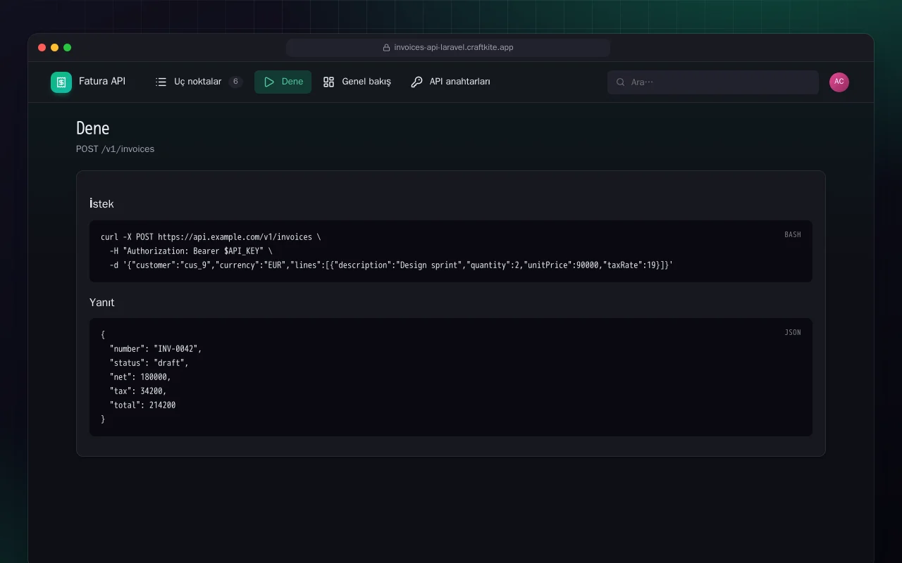 Fatura API (Laravel): Dene ekranı
