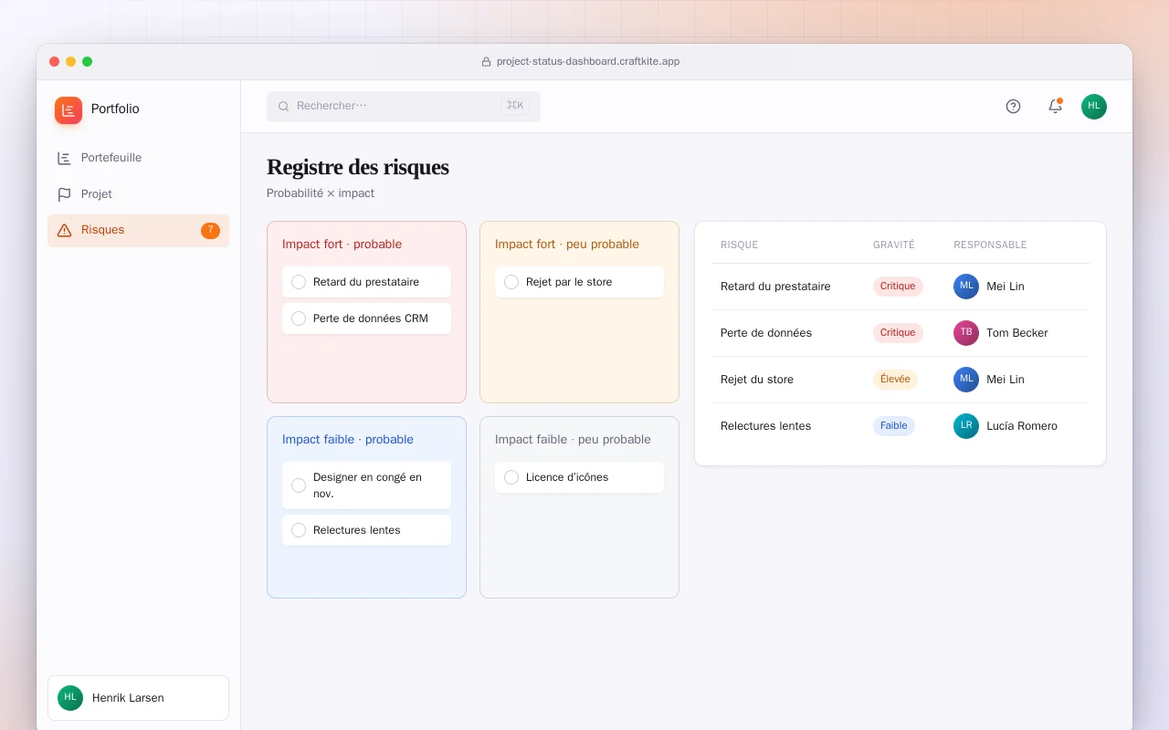 Tableau de bord de l’état des projets : l’écran Registre des risques