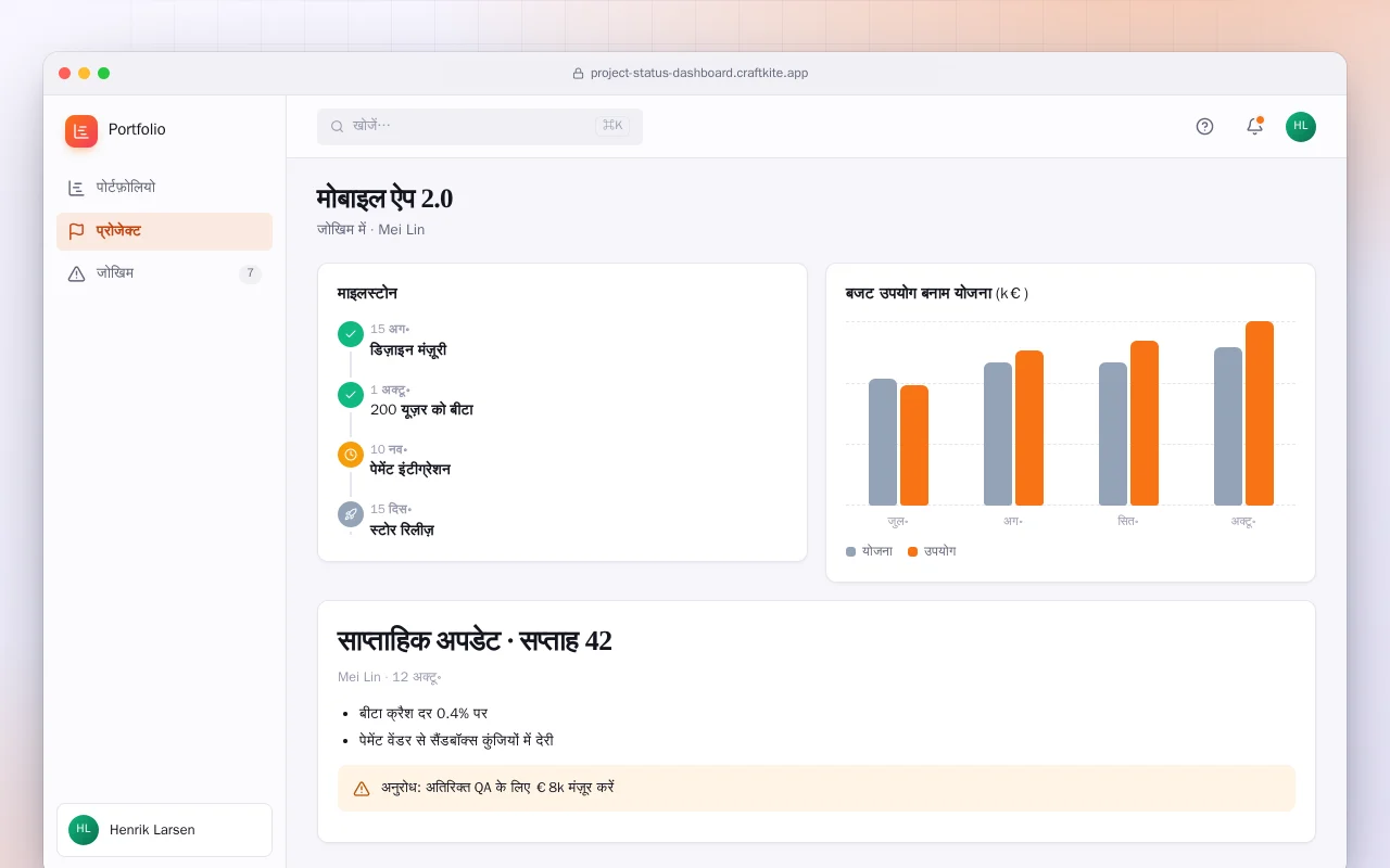 प्रोजेक्ट स्टेटस डैशबोर्ड: मोबाइल ऐप 2.0 स्क्रीन