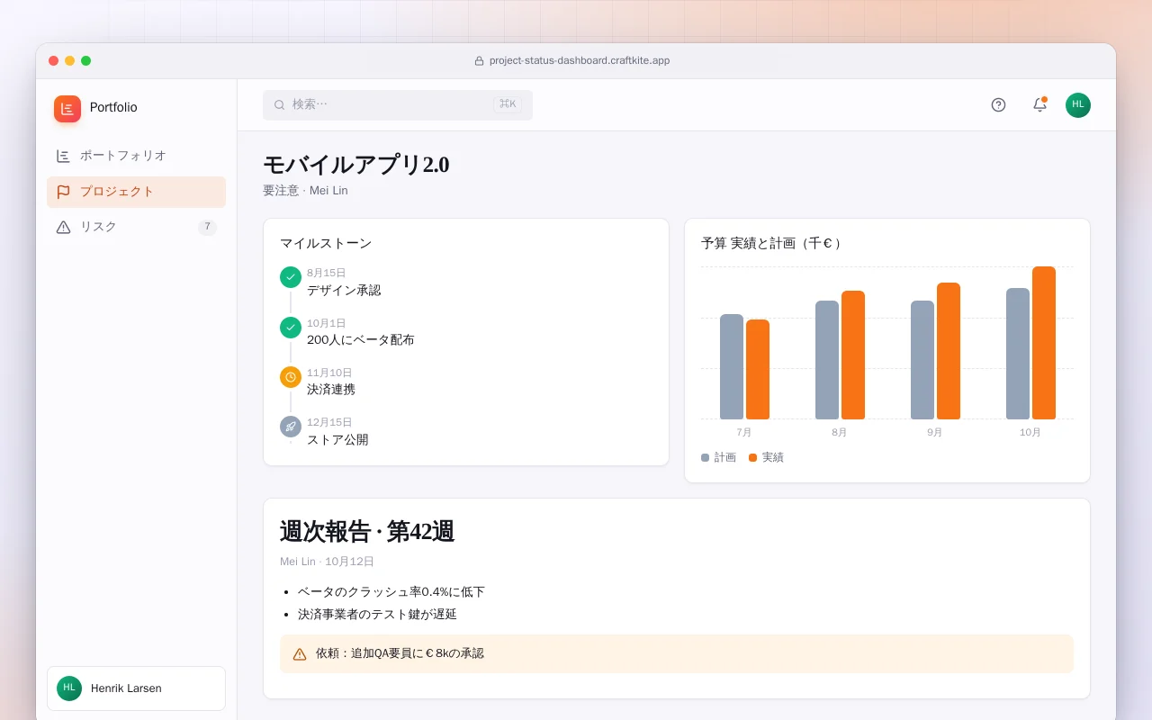プロジェクト状況ダッシュボード：モバイルアプリ2.0画面