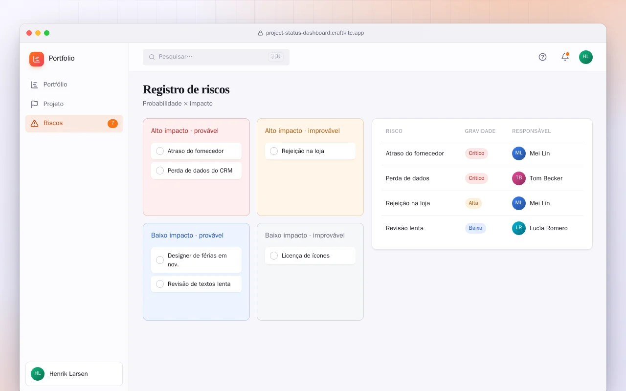 Painel de status de projetos: a tela Registro de riscos