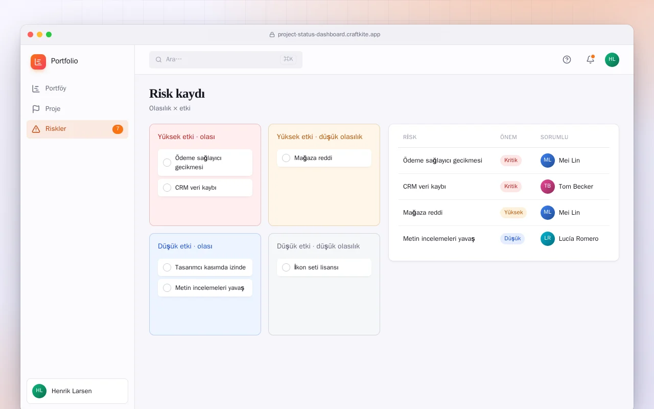 Proje durum panosu: Risk kaydı ekranı