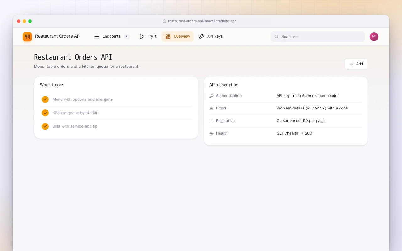 Restaurant Orders API (Laravel): the Restaurant Orders API screen
