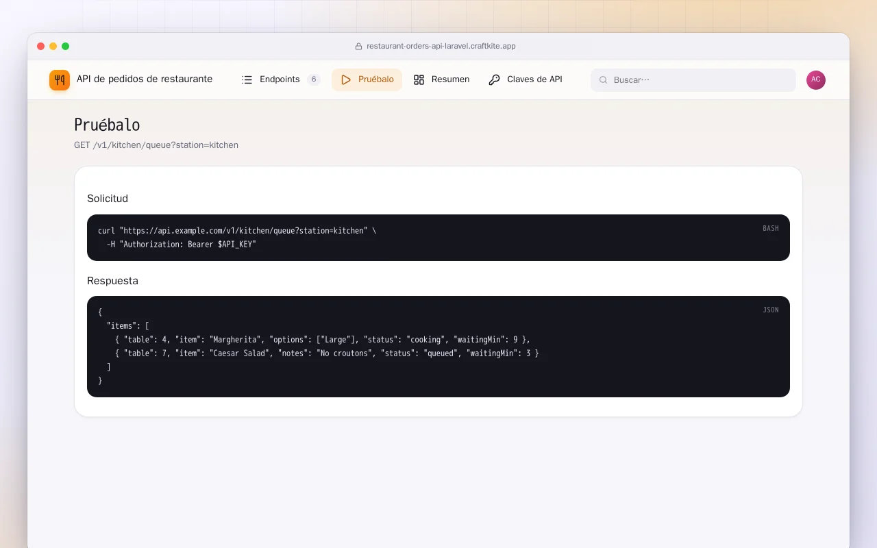 API de pedidos de restaurante (Laravel): la pantalla Pruébalo