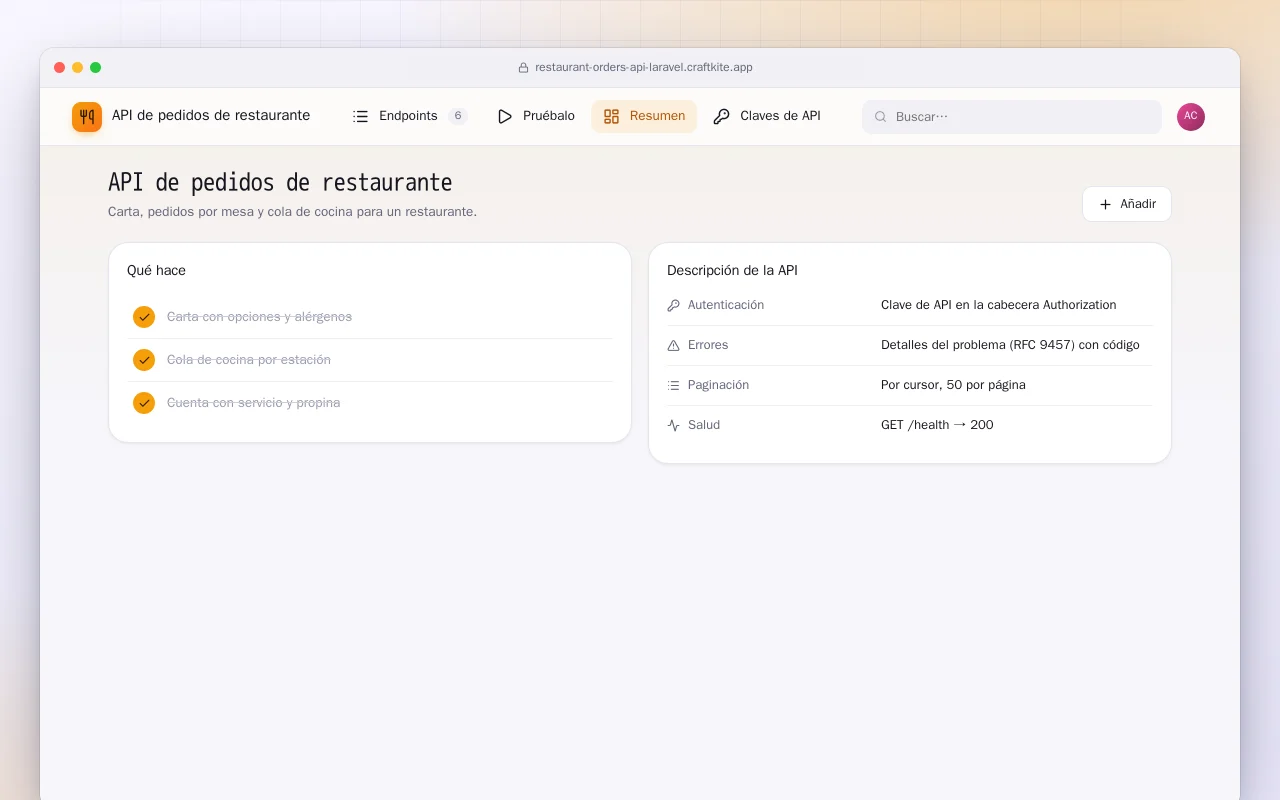 API de pedidos de restaurante (Laravel): la pantalla API de pedidos de restaurante