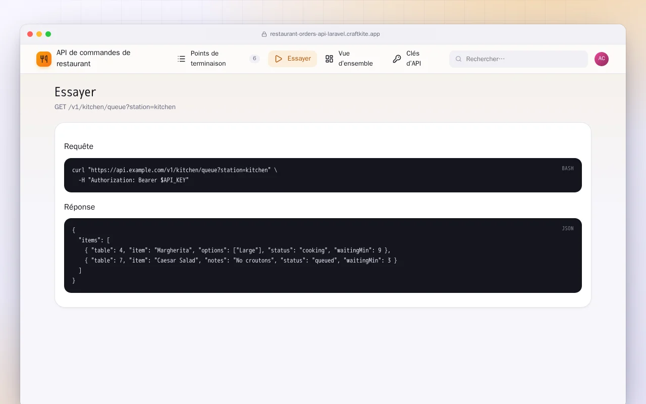 API de commandes de restaurant (Laravel) : l’écran Essayer