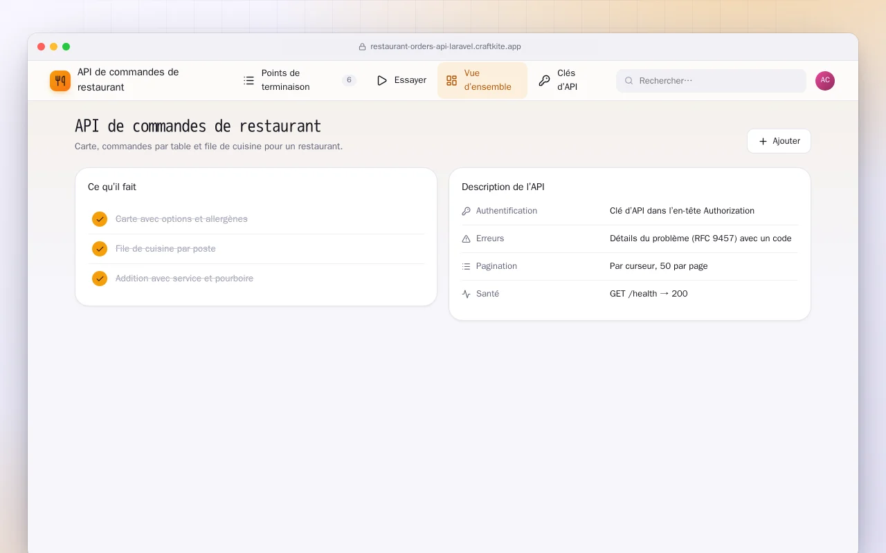 API de commandes de restaurant (Laravel) : l’écran API de commandes de restaurant