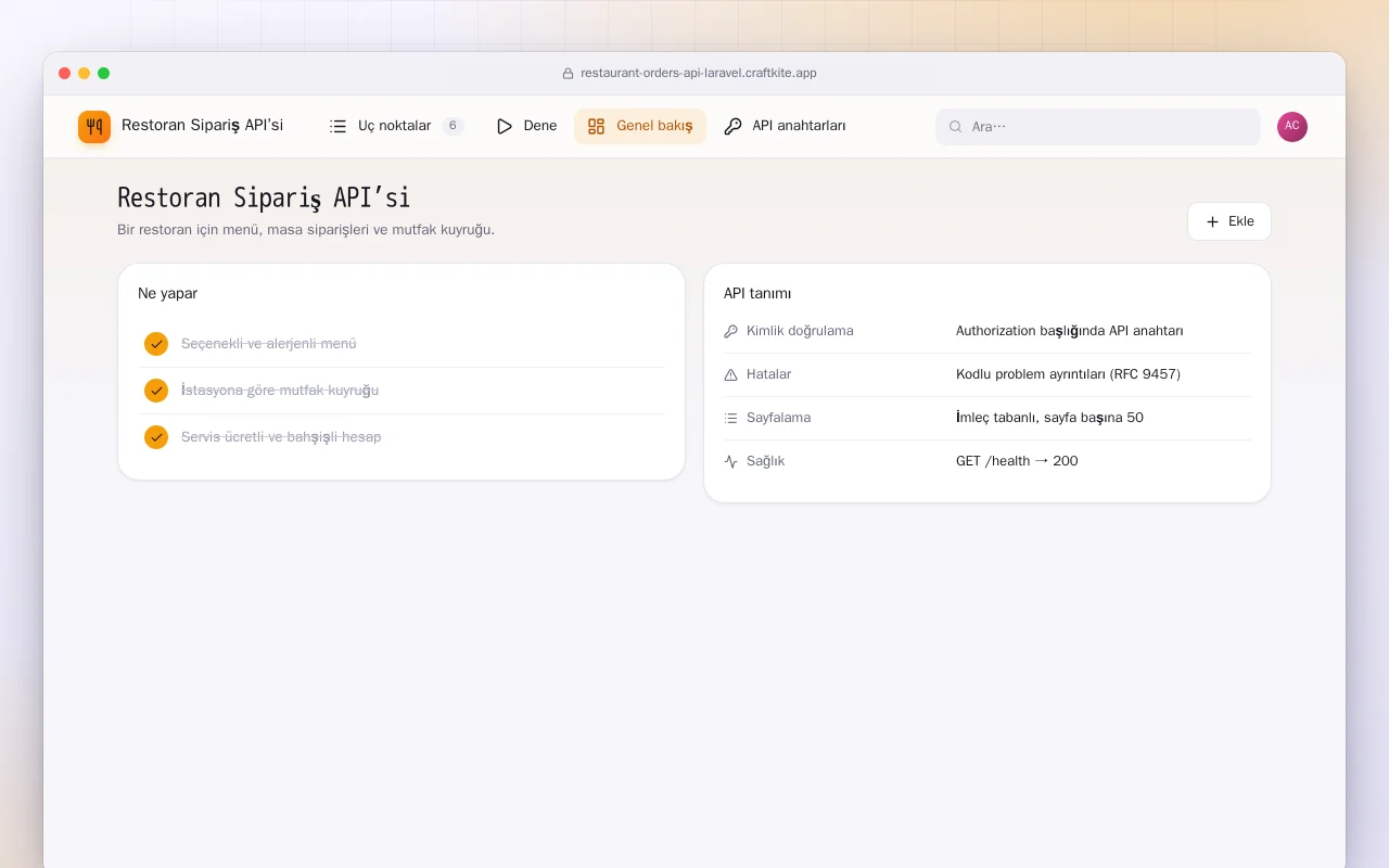 Restoran Sipariş API’si (Laravel): Restoran Sipariş API’si ekranı