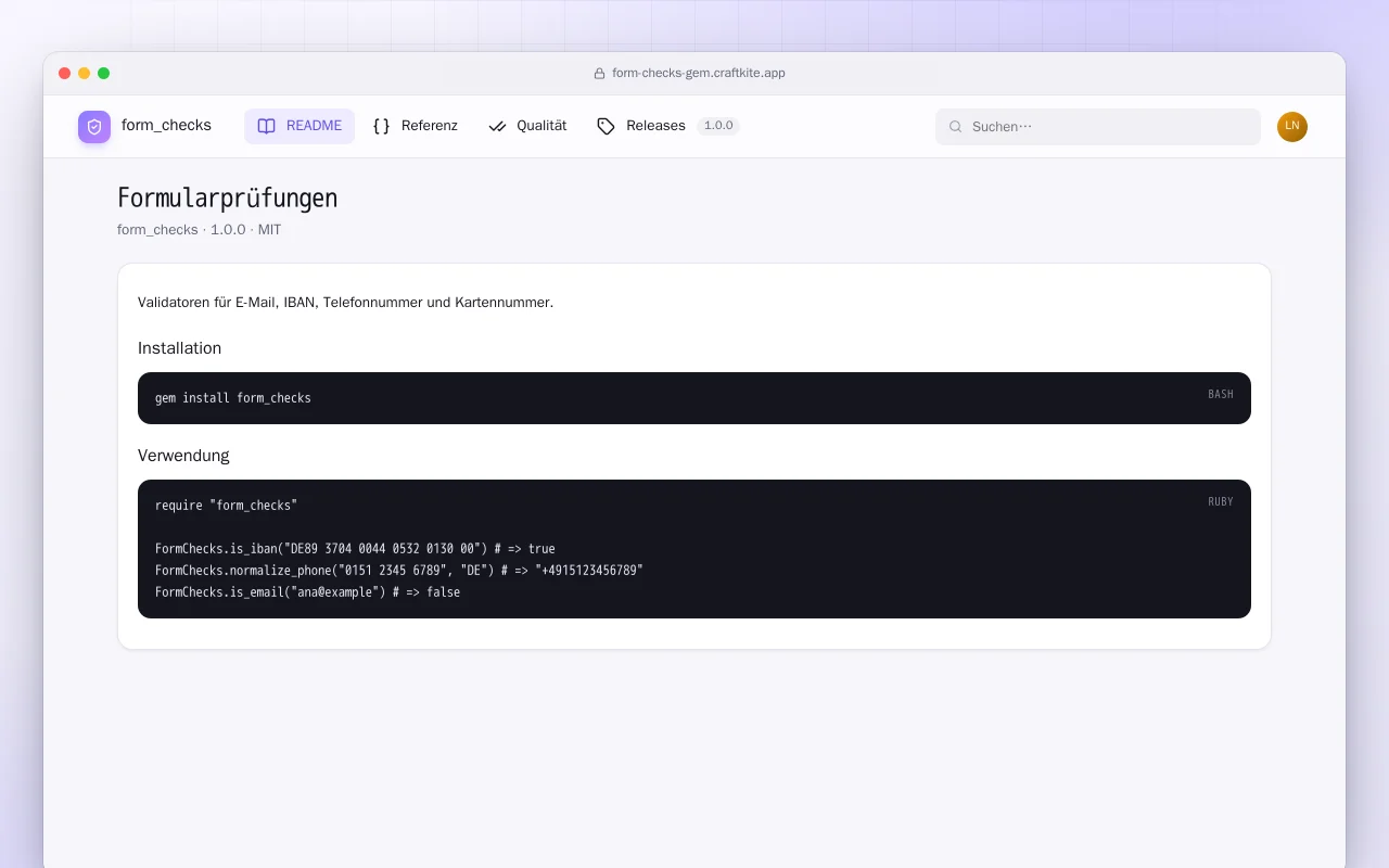 Formularprüfungen (Ruby): der Bildschirm „Formularprüfungen“