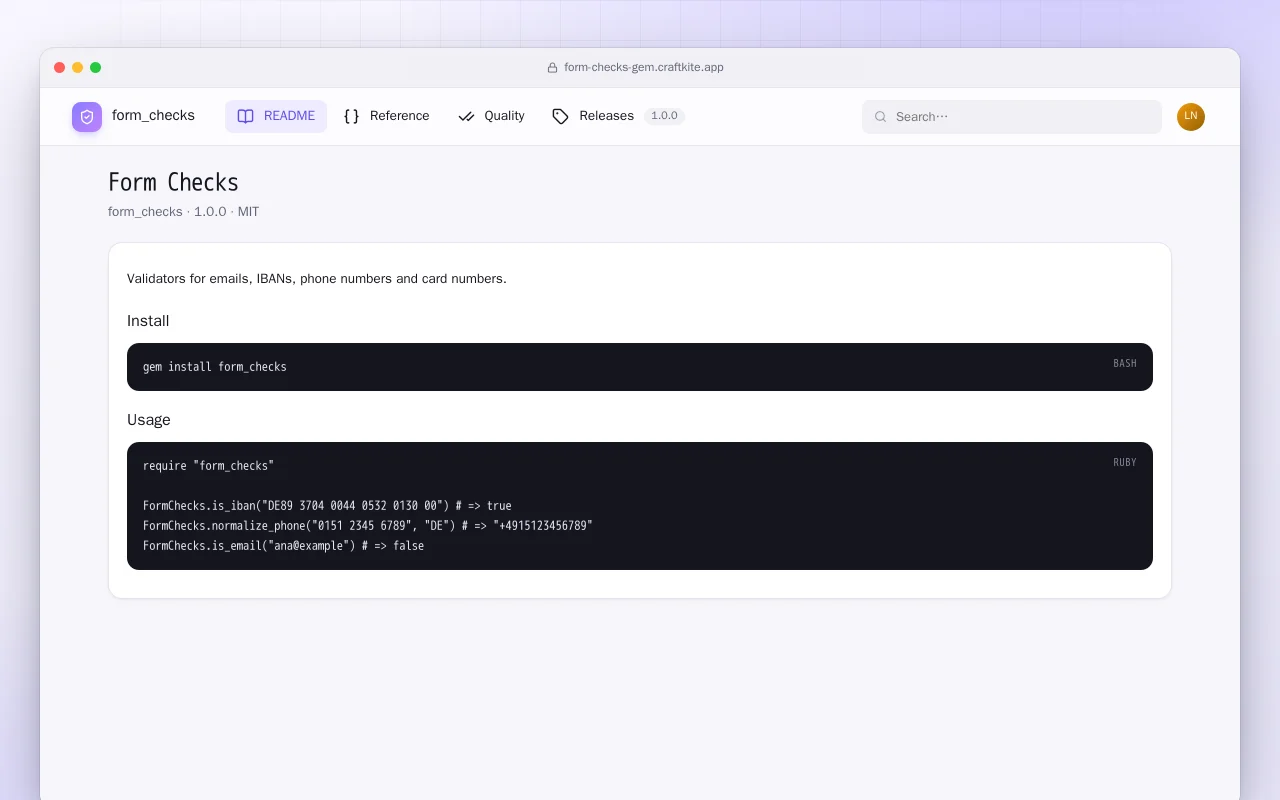 Form Checks (Ruby): the Form Checks screen