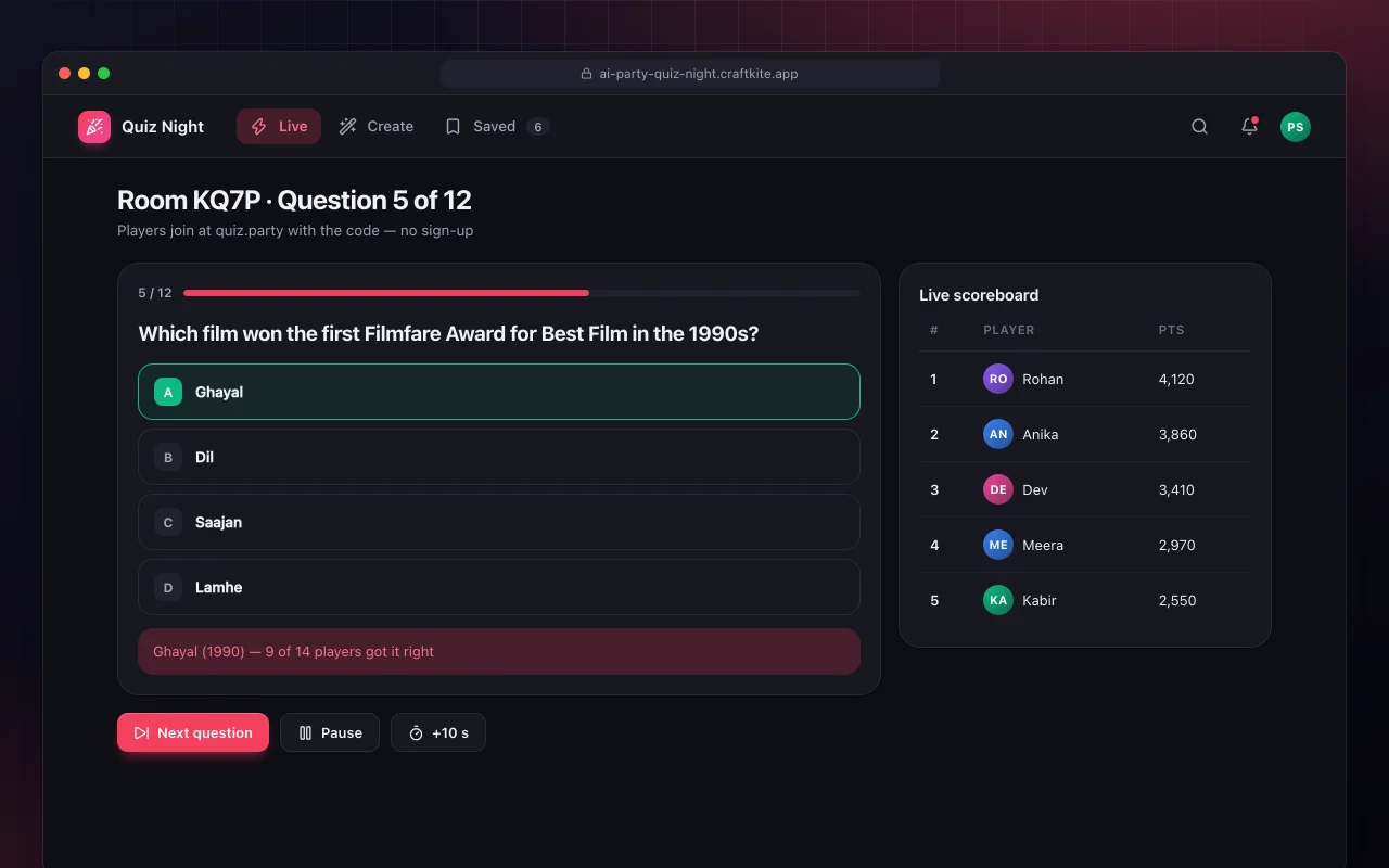 AI party quiz night: the Room KQ7P · Question 5 of 12 screen