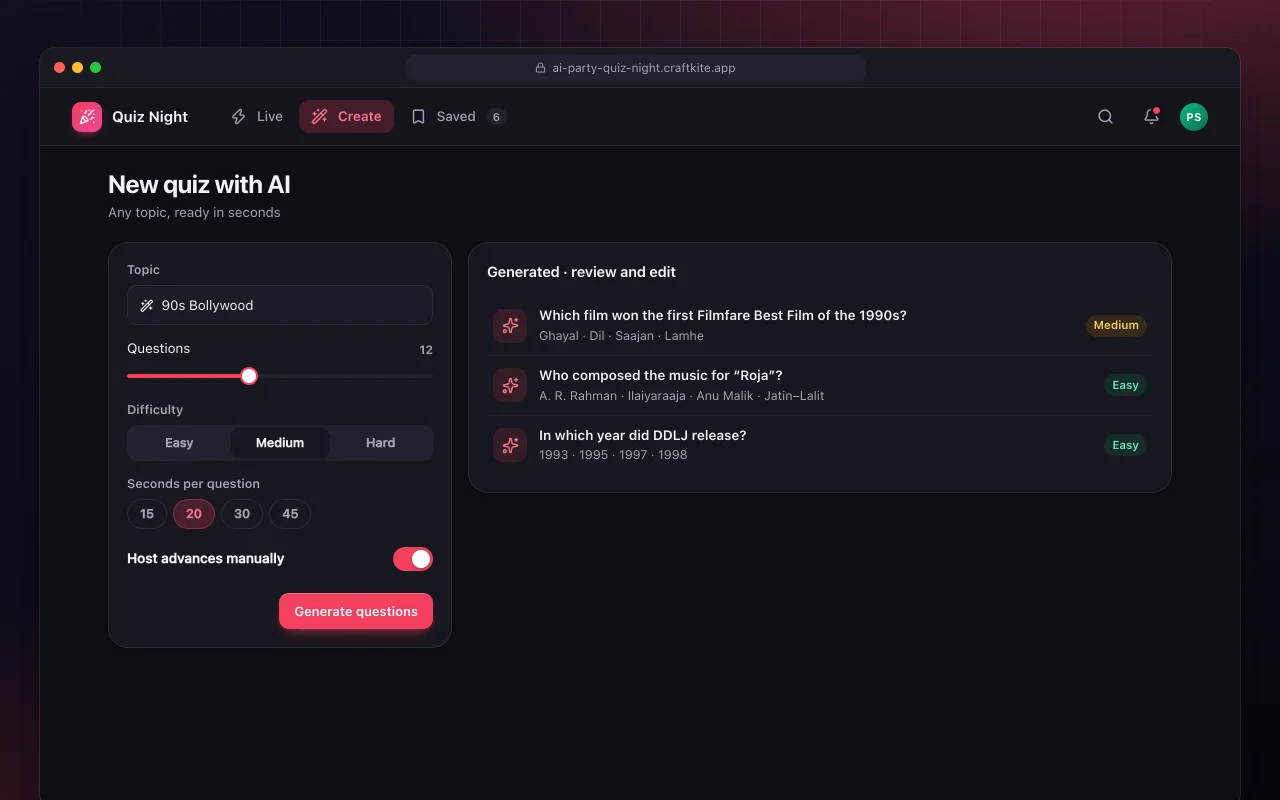 AI party quiz night: the New quiz with AI screen