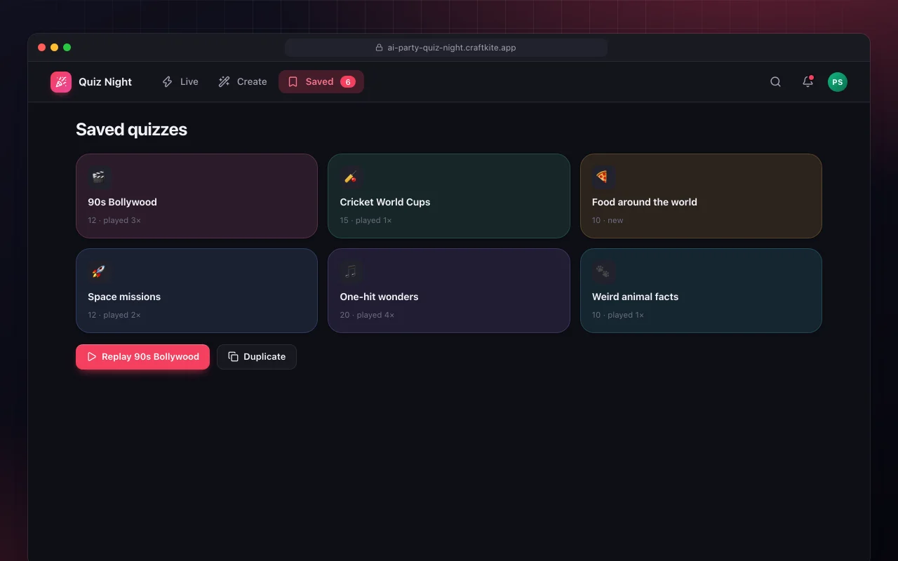 AI party quiz night: the Saved quizzes screen
