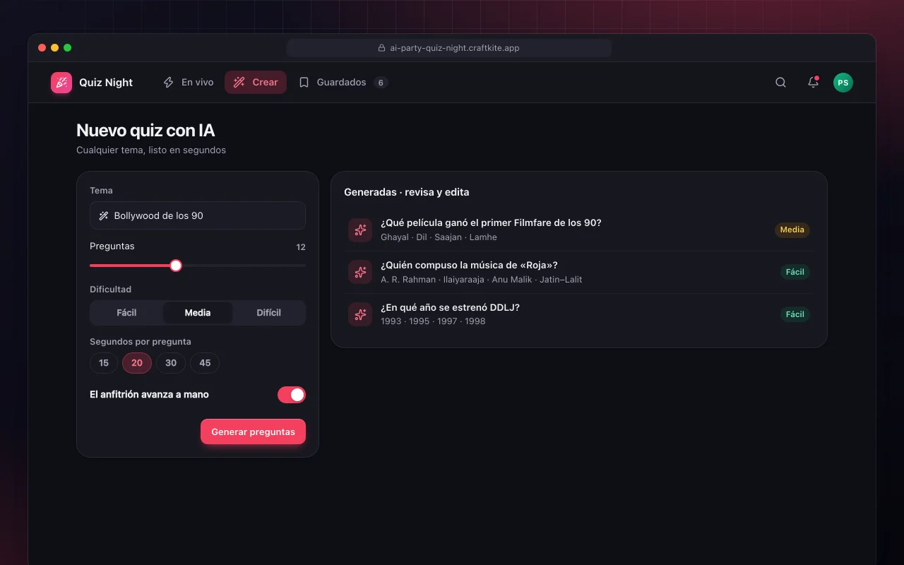 Noche de quiz con IA: la pantalla Nuevo quiz con IA