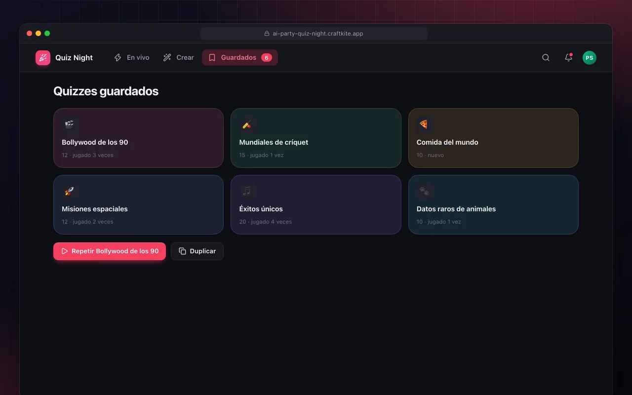 Noche de quiz con IA: la pantalla Quizzes guardados