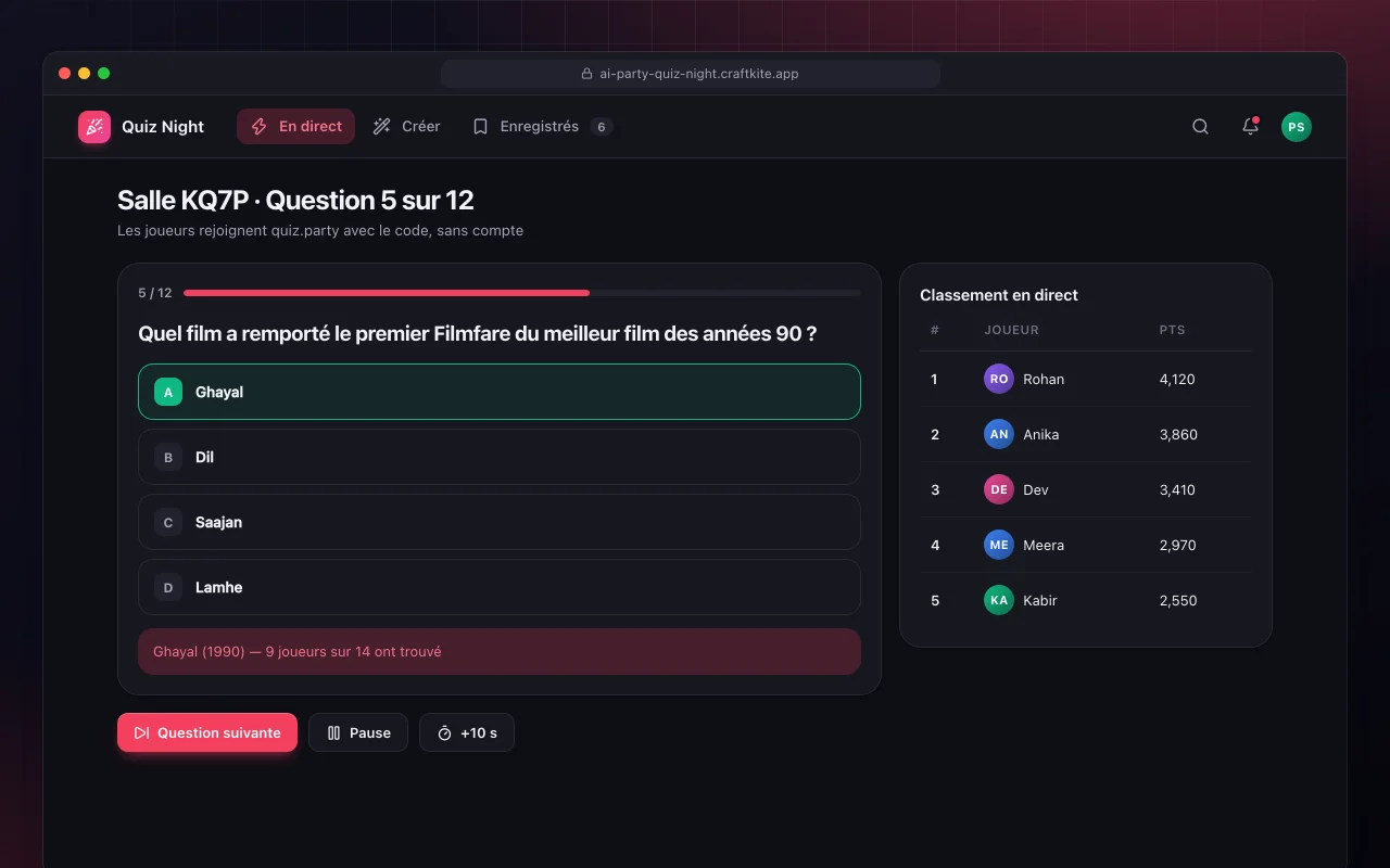 Soirée quiz avec IA : l’écran Salle KQ7P · Question 5 sur 12