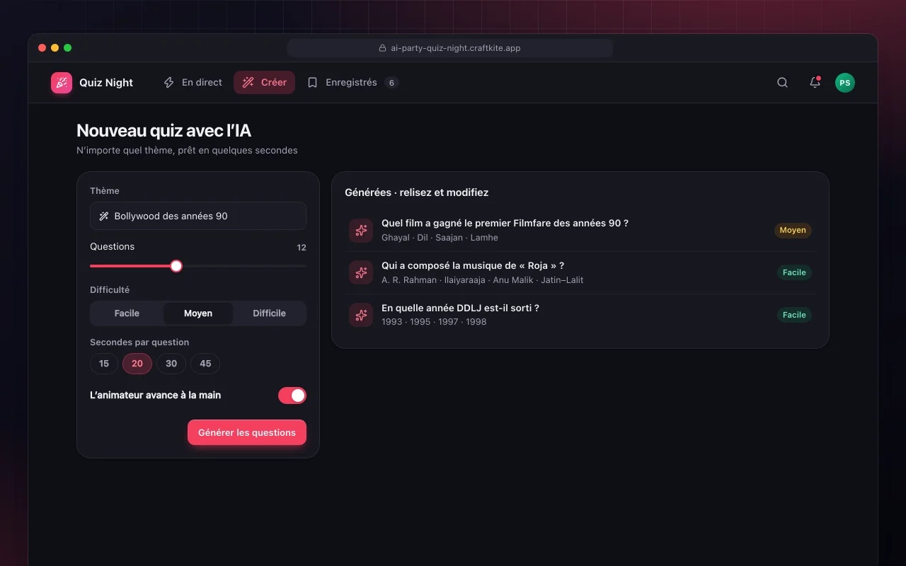 Soirée quiz avec IA : l’écran Nouveau quiz avec l’IA