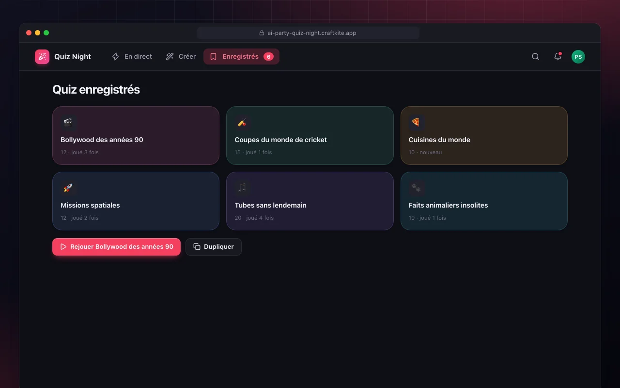 Soirée quiz avec IA : l’écran Quiz enregistrés