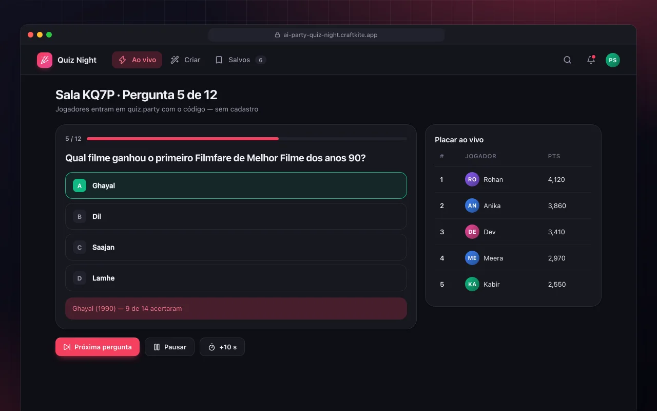 Noite de quiz com IA: a tela Sala KQ7P · Pergunta 5 de 12