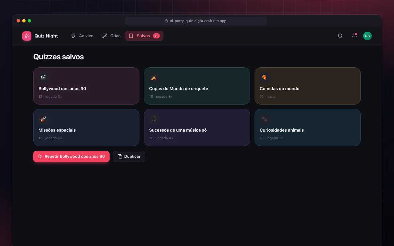 Noite de quiz com IA: a tela Quizzes salvos
