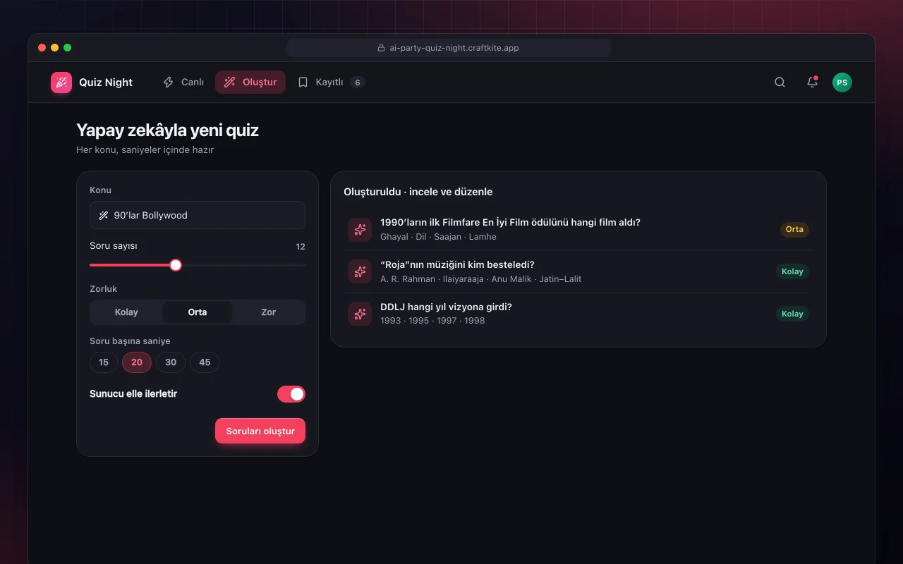 Yapay zekâ parti yarışma gecesi: Yapay zekâyla yeni quiz ekranı
