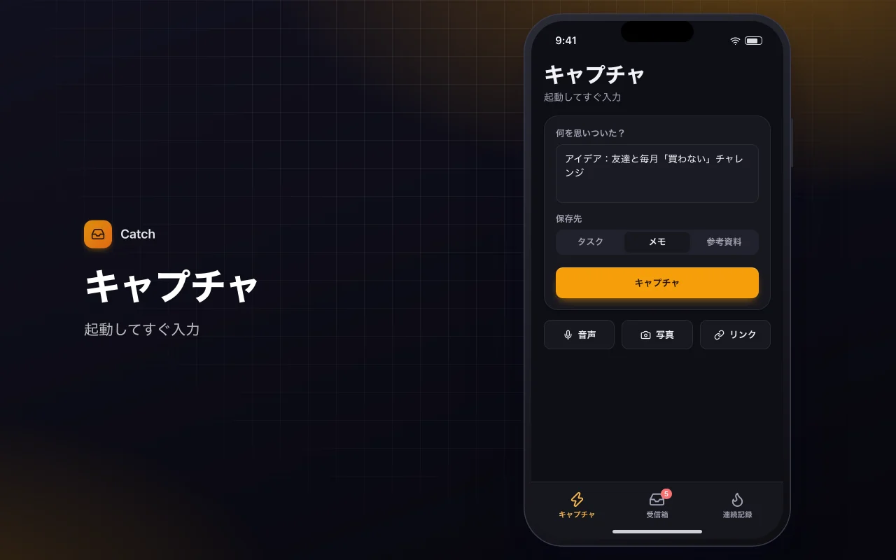クイックキャプチャ受信箱：キャプチャ画面