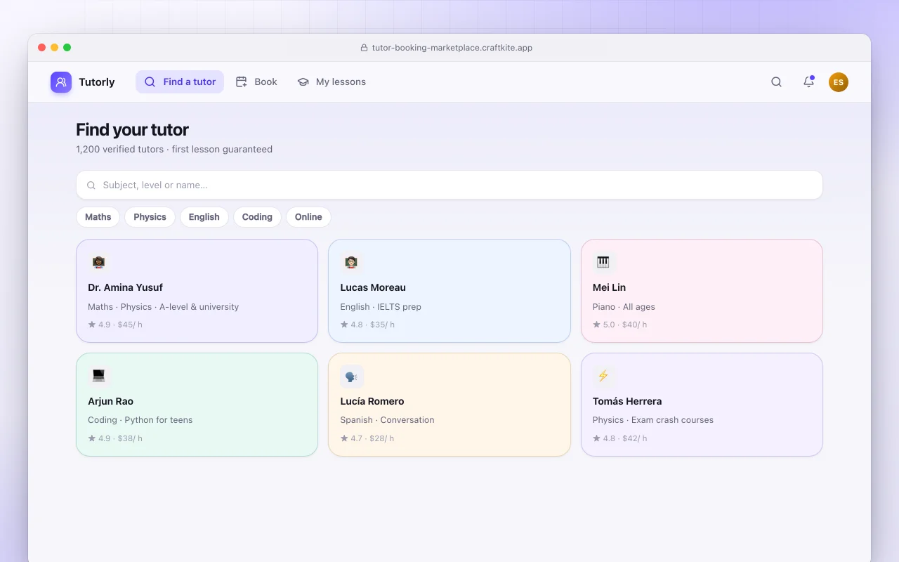 Tutor booking marketplace: the Find your tutor screen