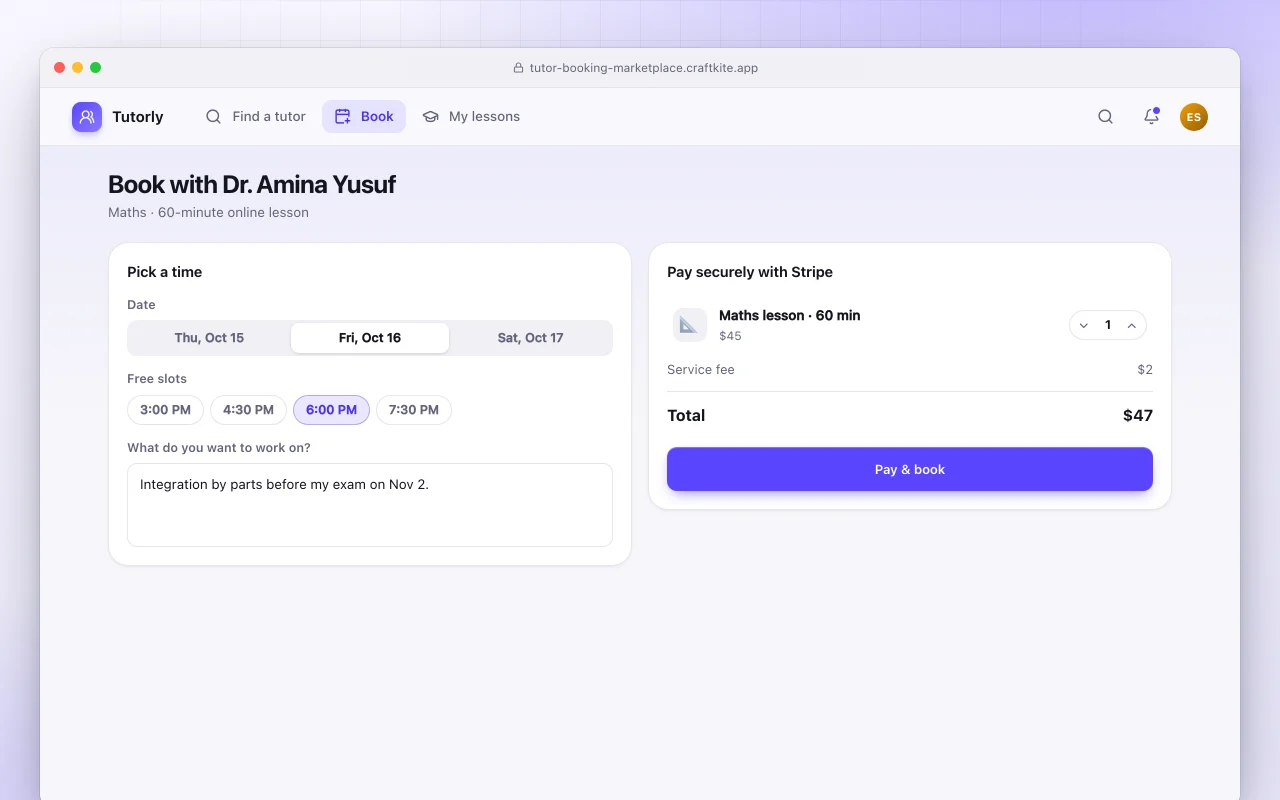 Tutor booking marketplace: the Book with Dr. Amina Yusuf screen