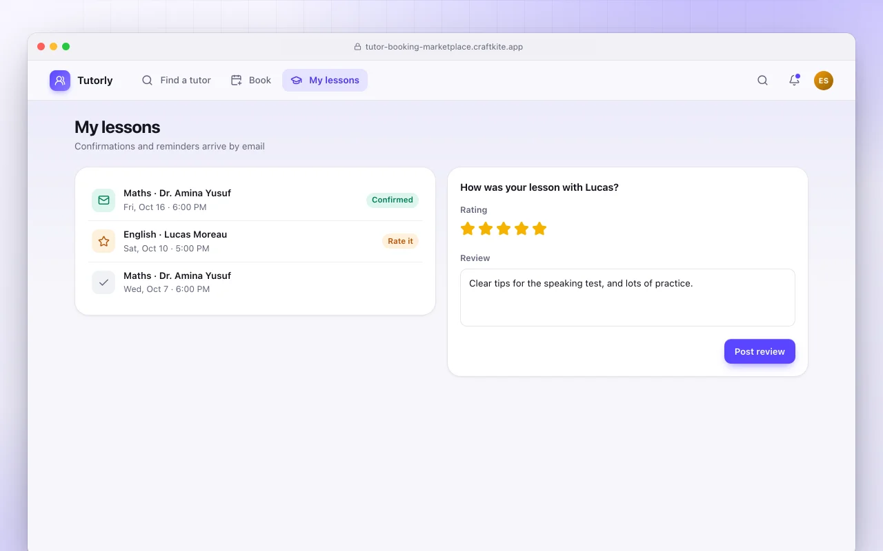 Tutor booking marketplace: the My lessons screen
