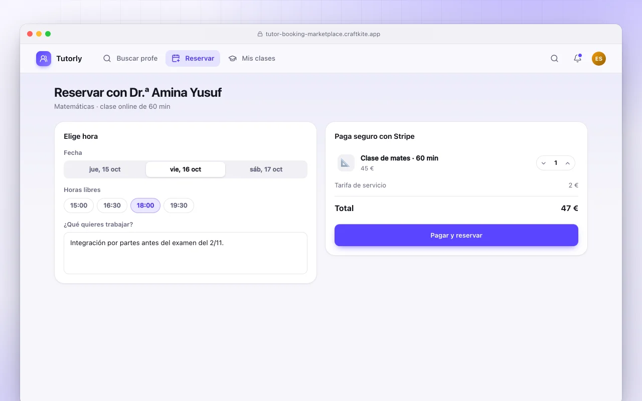 Mercado de reserva de tutores: la pantalla Reservar con Dr.ª Amina Yusuf