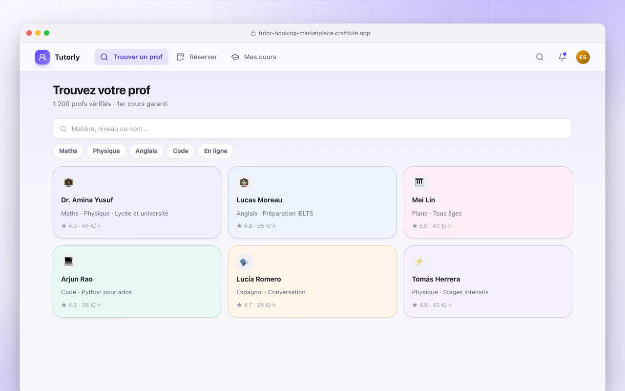 Marketplace de réservation de tuteurs : l’écran Trouvez votre prof