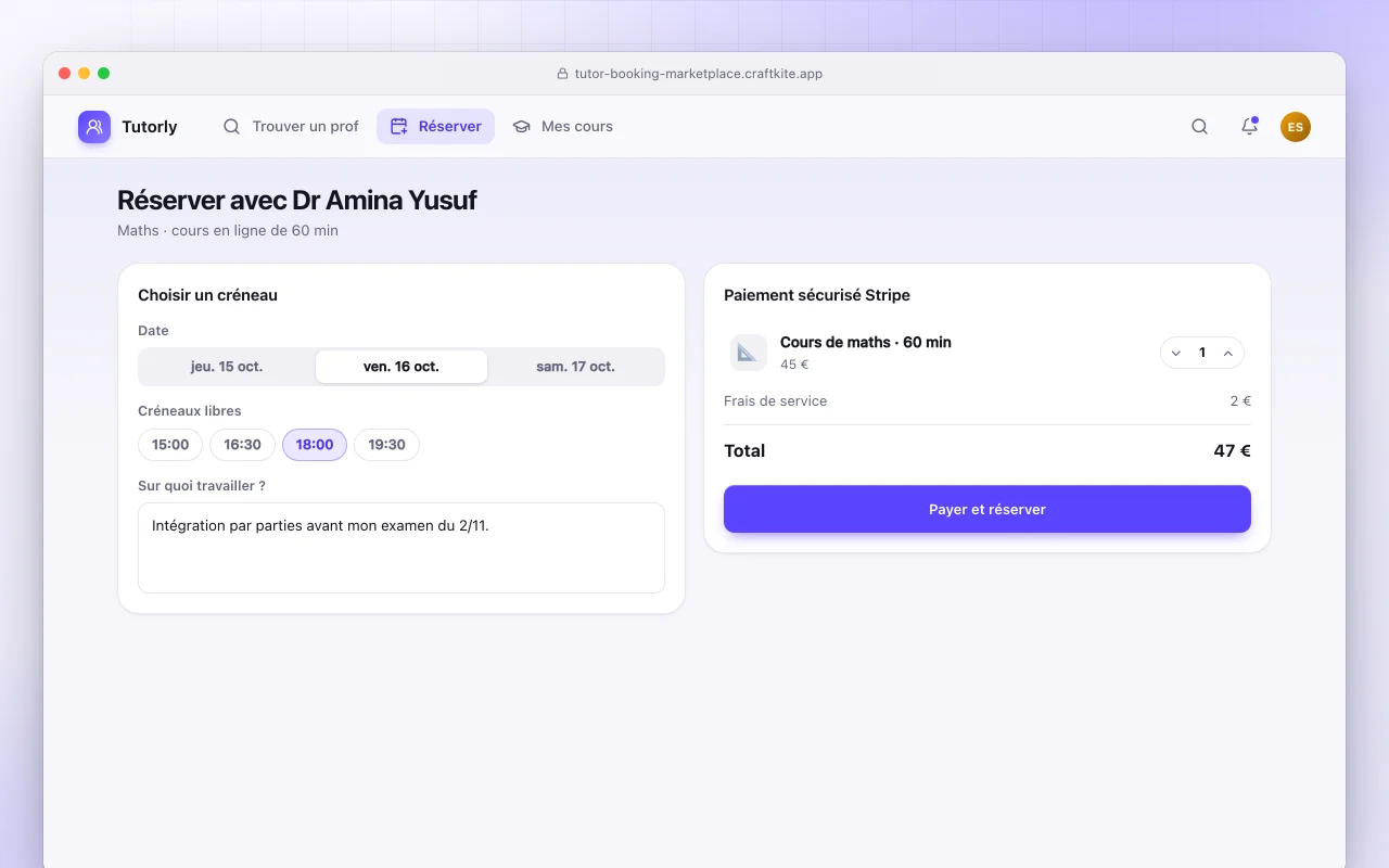 Marketplace de réservation de tuteurs : l’écran Réserver avec Dr Amina Yusuf