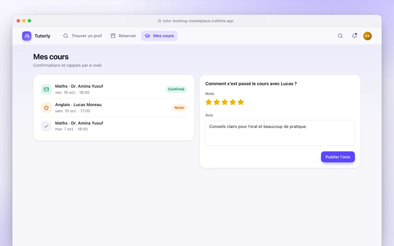 Marketplace de réservation de tuteurs : l’écran Mes cours