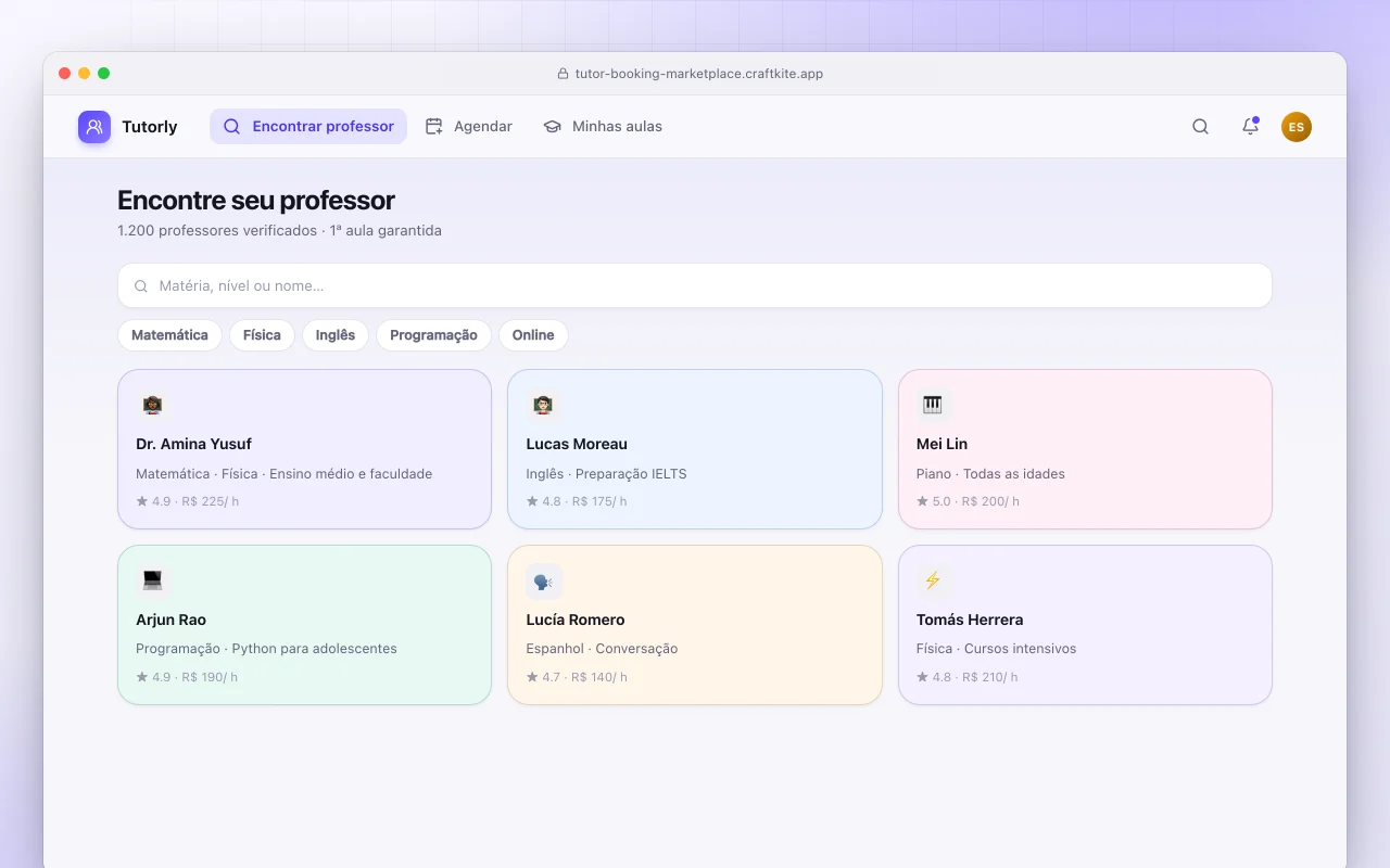 Reserva de professores particulares: a tela Encontre seu professor