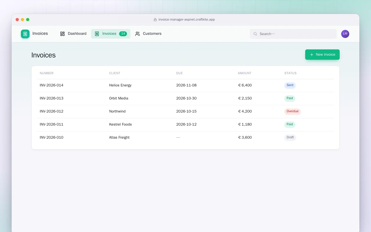 Invoice Manager (ASP.NET Core): the Invoices screen
