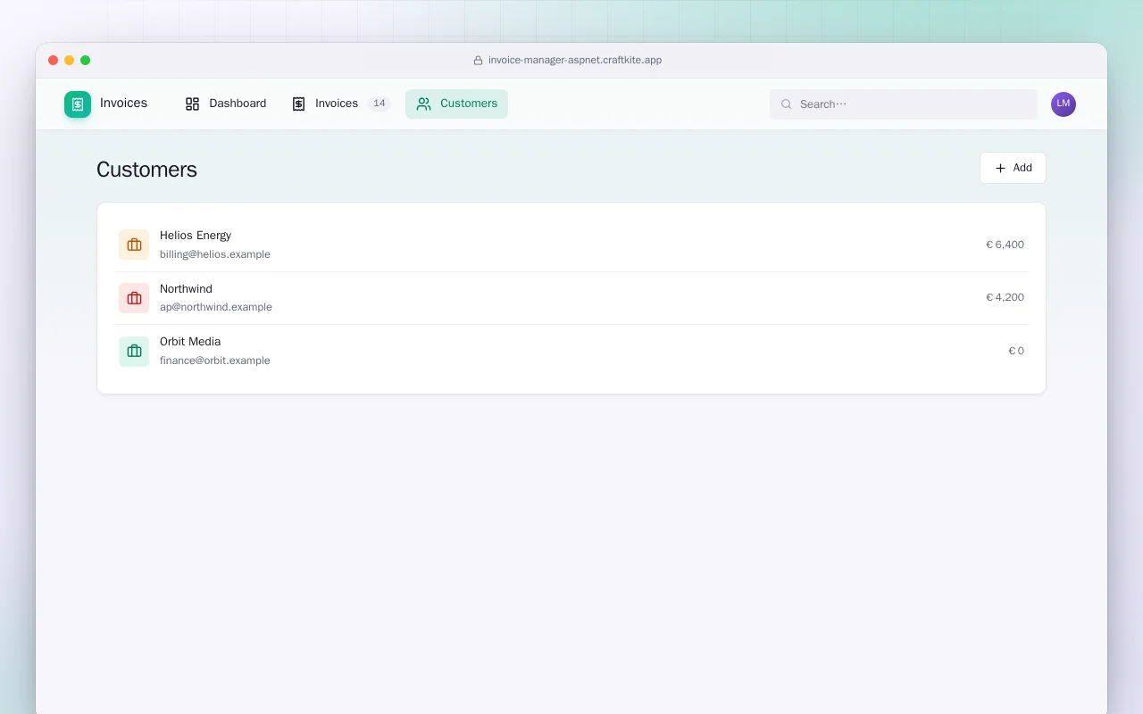 Invoice Manager (ASP.NET Core): the Customers screen