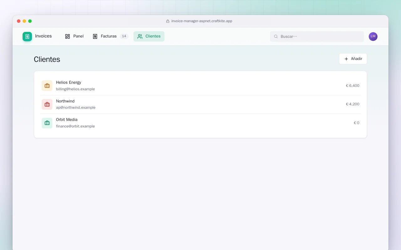 Gestor de facturas (ASP.NET Core): la pantalla Clientes