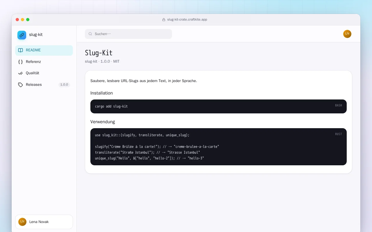 Slug-Kit (Rust): der Bildschirm „Slug-Kit“