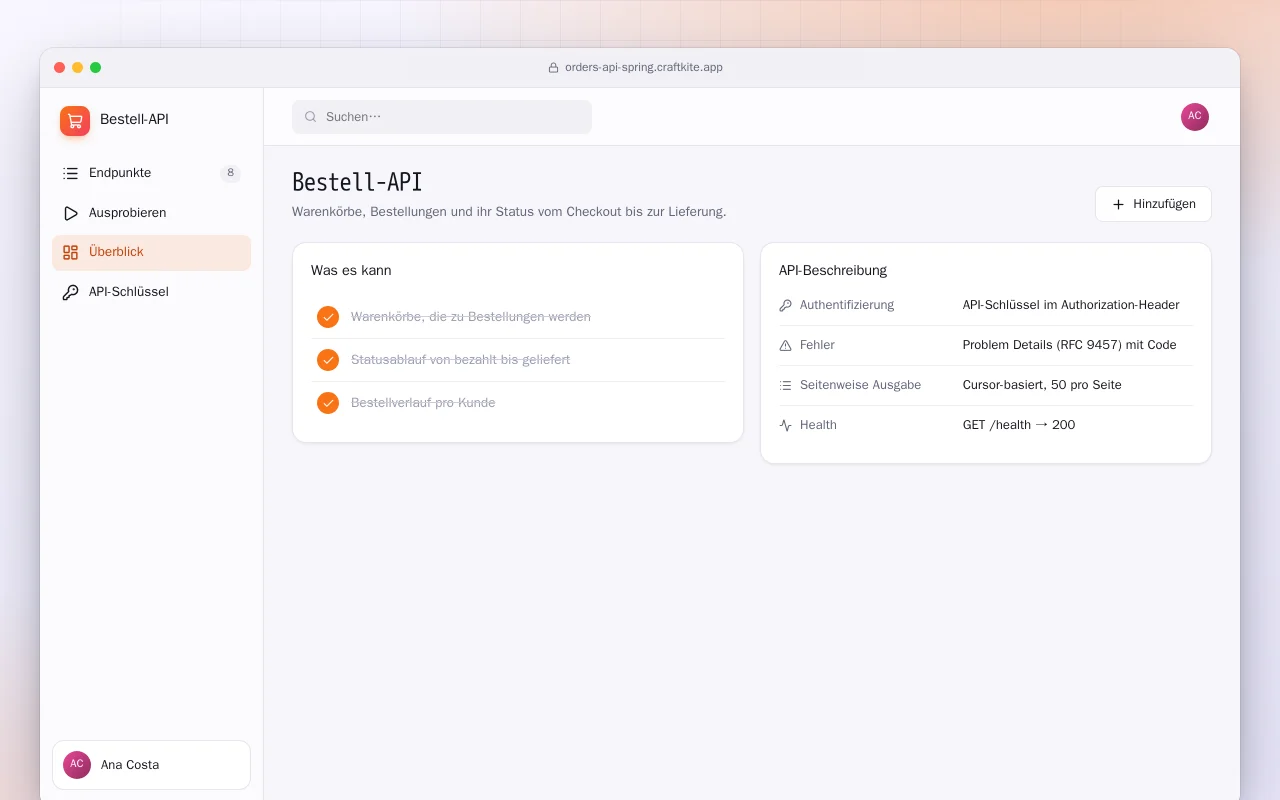 Bestell-API (Spring Boot): der Bildschirm „Bestell-API“