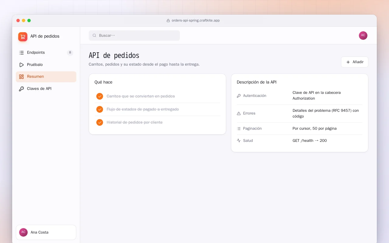 API de pedidos (Spring Boot): la pantalla API de pedidos