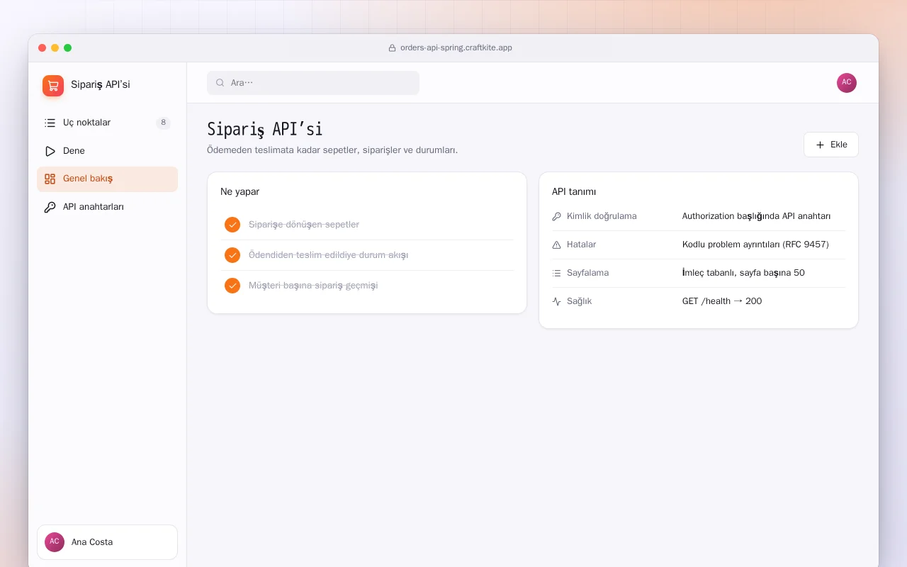 Sipariş API’si (Spring Boot): Sipariş API’si ekranı