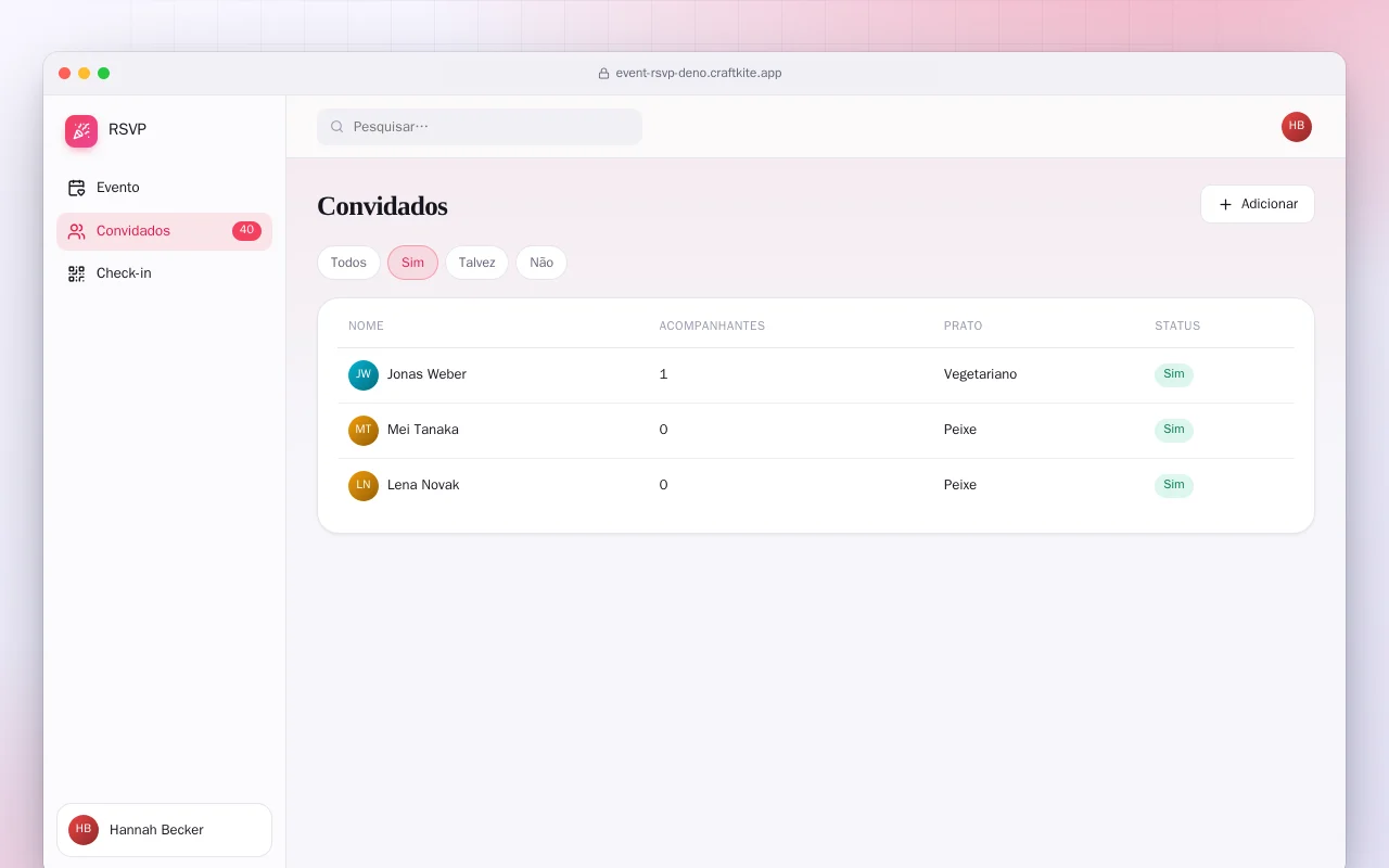 Confirmação de presença (Deno): a tela Convidados