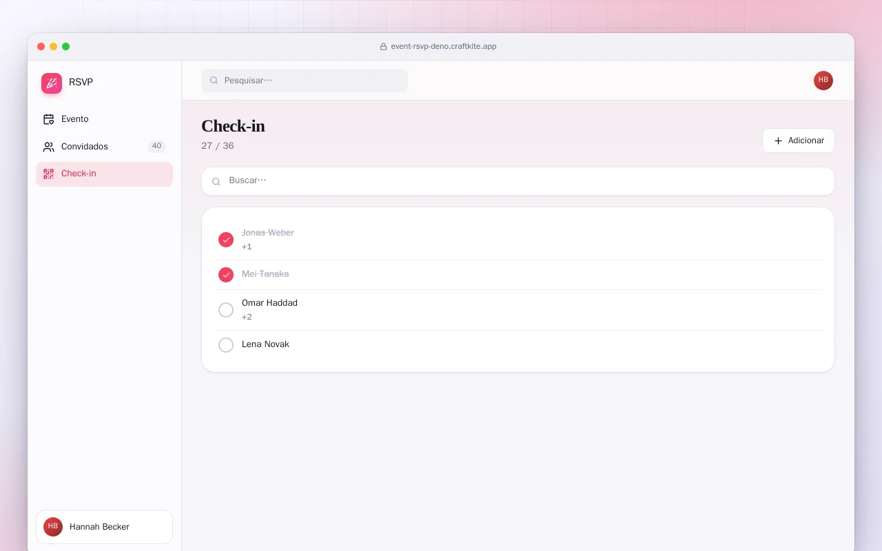 Confirmação de presença (Deno): a tela Check-in