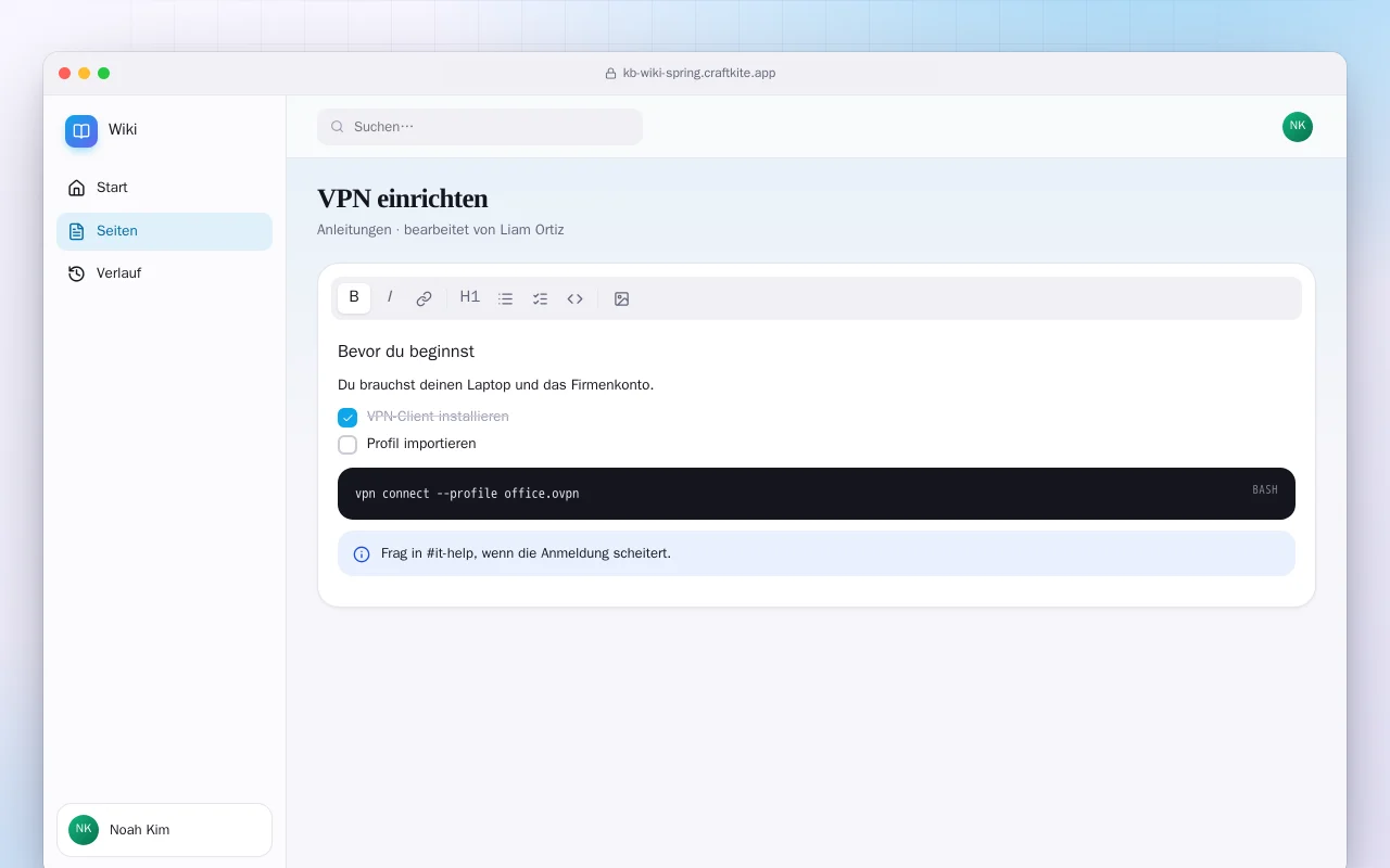 Team-Wiki (Spring Boot): der Bildschirm „VPN einrichten“
