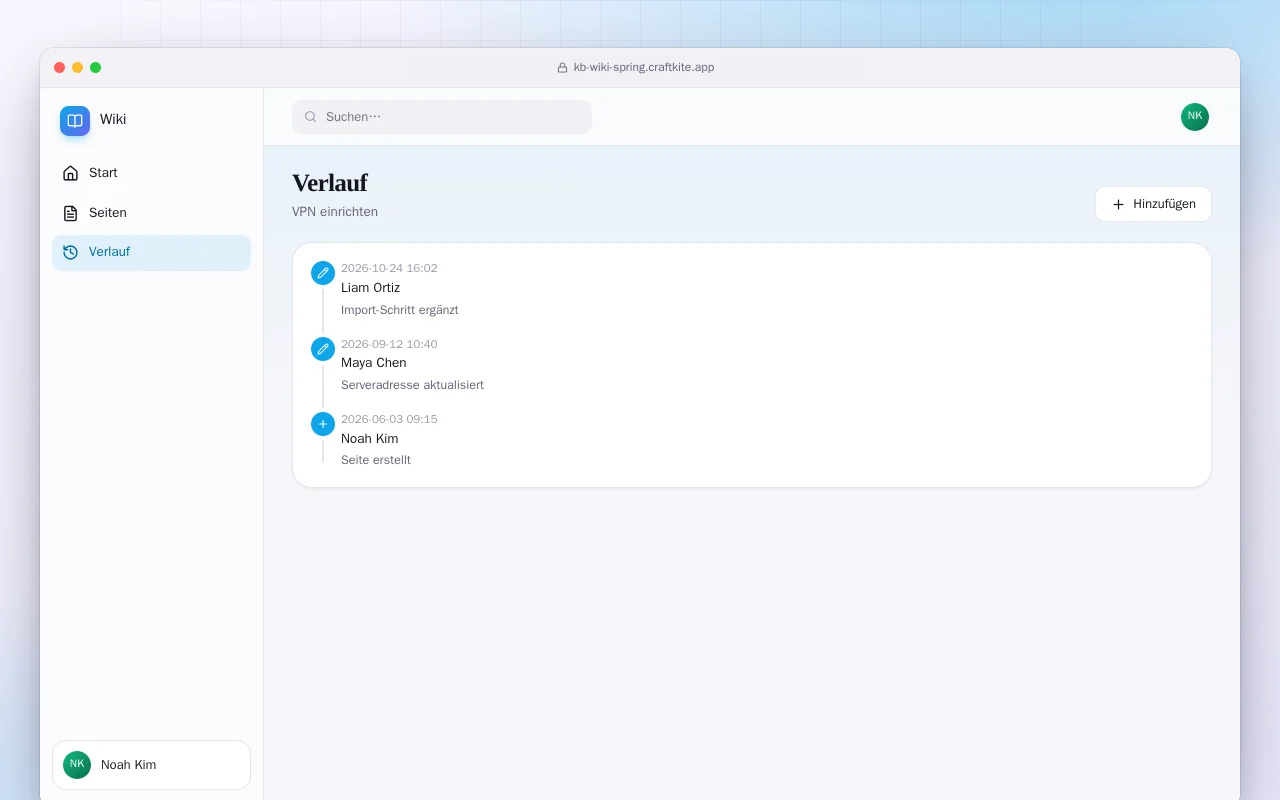 Team-Wiki (Spring Boot): der Bildschirm „Verlauf“