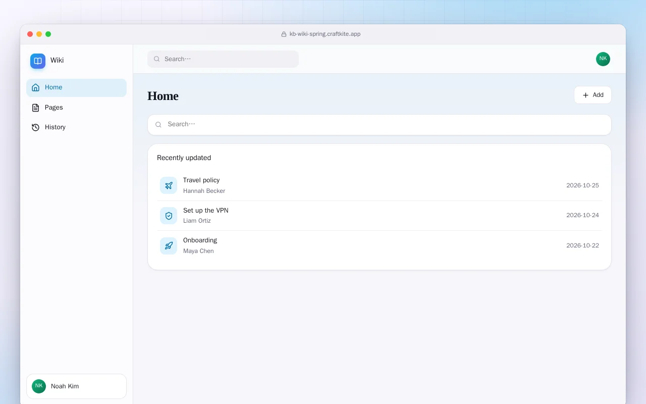 Team Wiki (Spring Boot): the Home screen