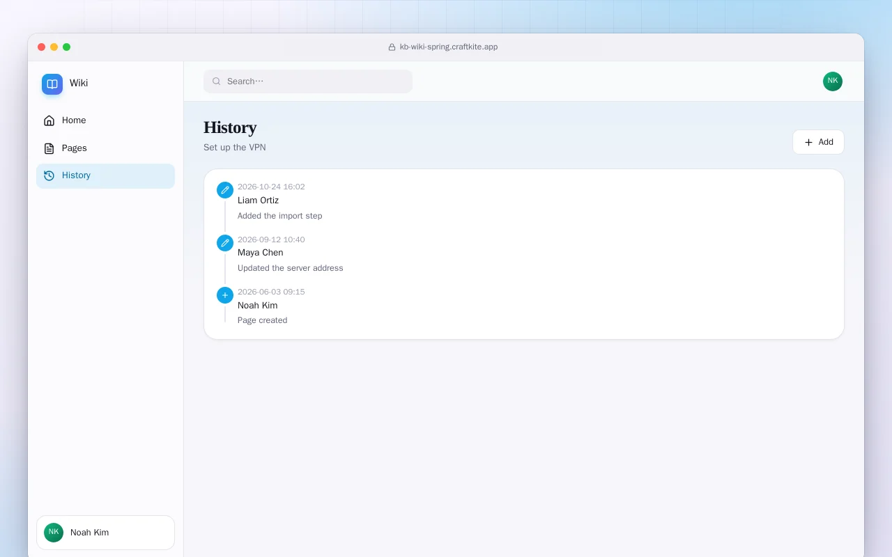 Team Wiki (Spring Boot): the History screen