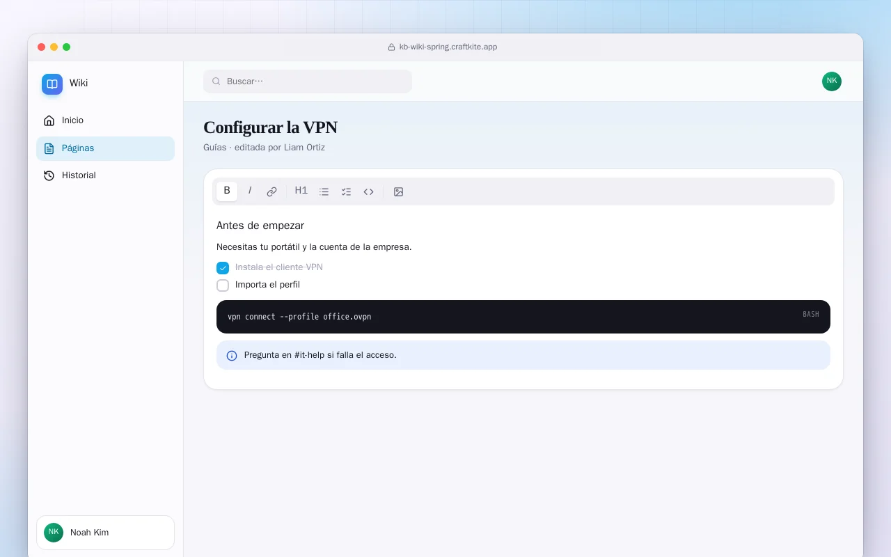 Wiki del equipo (Spring Boot): la pantalla Configurar la VPN