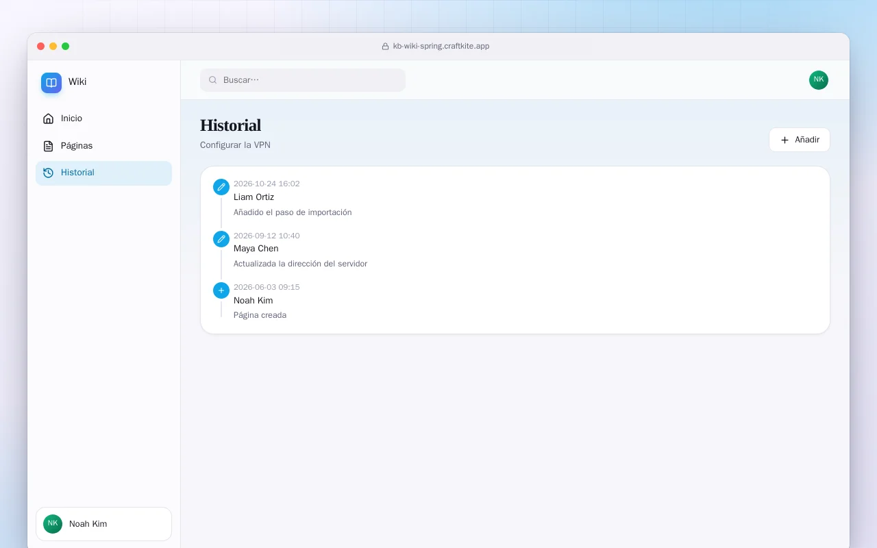 Wiki del equipo (Spring Boot): la pantalla Historial