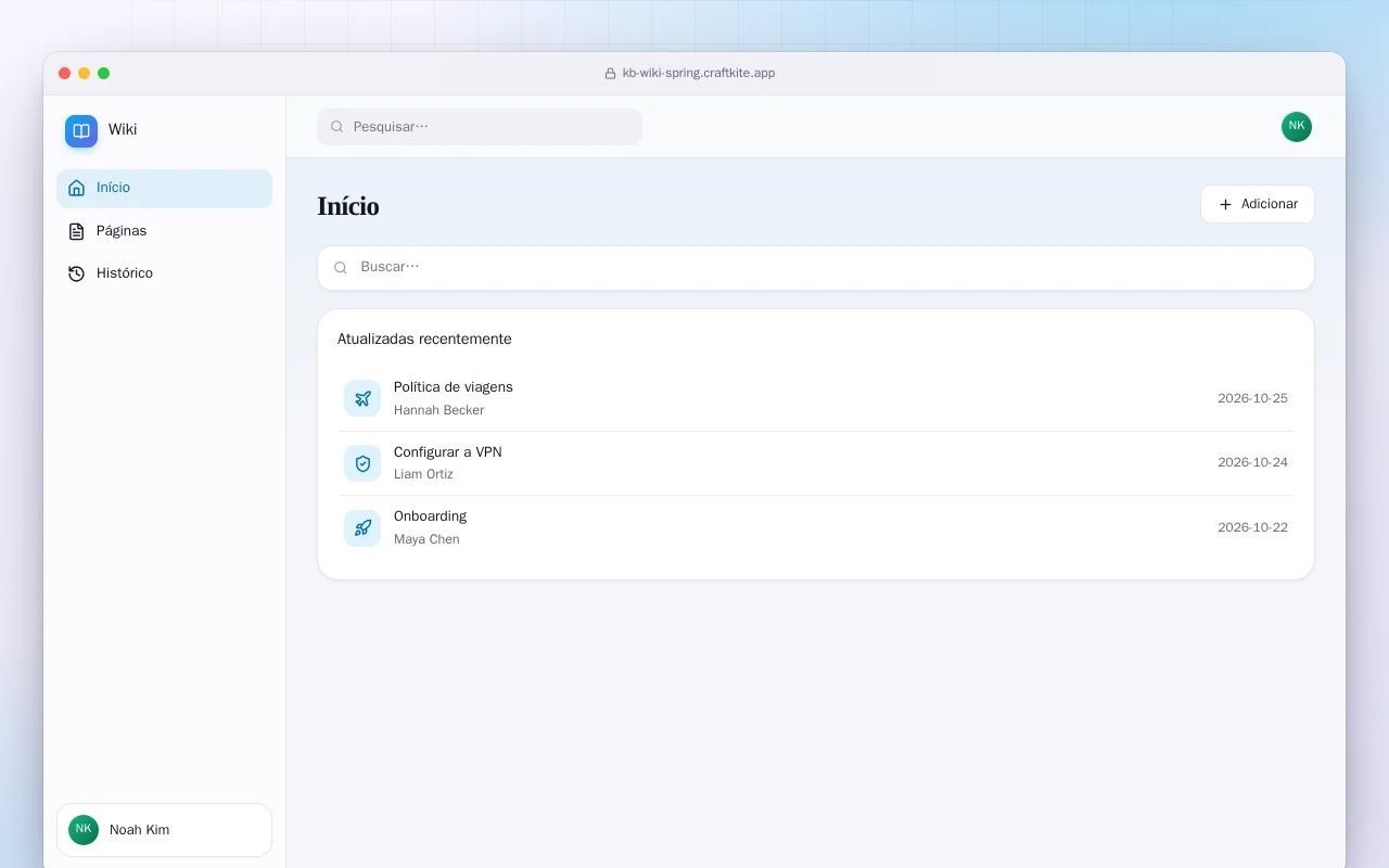 Wiki da equipe (Spring Boot): a tela Início